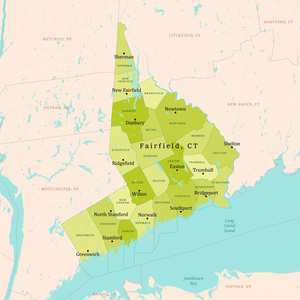 Map of Fairfield County, Connecticut showing towns throughout the county.