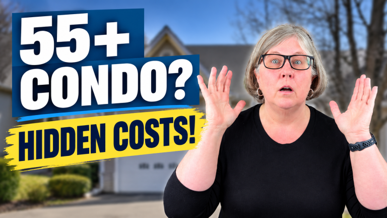 Richelle Ward beside the words “55+ Condo? Hidden Costs!” with a Connecticut condominium community in the background.
